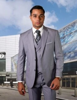 Statement Men's 100% Wool 3 Piece Suit - Bold Solid Colors 31 Statement Men's 100% Wool 3 Piece Suit - Bold Solid Colors -Stylish Men's Formal Wear lazio grey 28