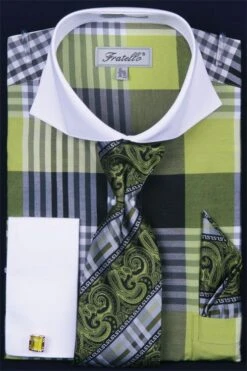 Fratello Men's French Cuff Dress Shirt Set - Colorful Multi Checker -Stylish Men's Formal Wear lime 1