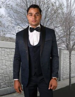 Statement Men's 3 Piece Fashion Tuxedo - Textured Jacket -Stylish Men's Formal Wear look 4 navy