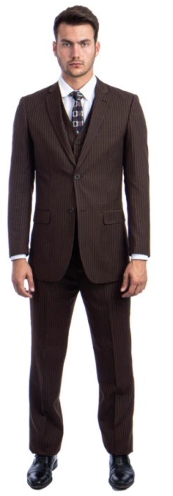 Tazio Men's 3 Piece Executive Pinstripe Suit - Stylish 6 Button Vest -Stylish Men's Formal Wear m120 brown 1