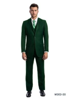 Demantie Men's 3 Piece Solid Executive Suit - Flat Front Pants 5 Demantie Men's 3 Piece Solid Executive Suit - Flat Front Pants -Stylish Men's Formal Wear m302 20 green 1 1
