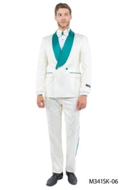 Tazio Men's 2 Piece Skinny Fit Suit - Bold Color Accents -Stylish Men's Formal Wear m341sk 06 ivory emerald