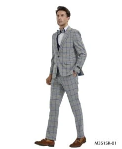 Tazio Men's 4 Piece Skinny Fit Suit - Bold Windowpane