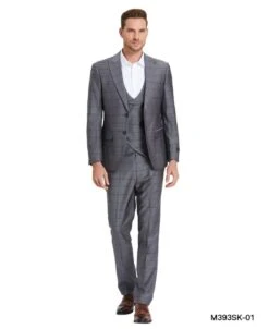 Tazio Men's 3 Piece Skinny Fit Suit - Tone On Tone Windowpane