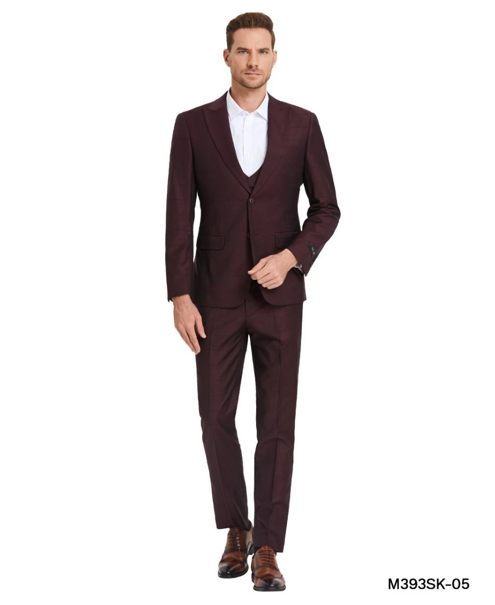 Tazio Men's 3 Piece Skinny Fit Suit - Tone On Tone Windowpane 7 Tazio Men's 3 Piece Skinny Fit Suit - Tone On Tone Windowpane - Image 5