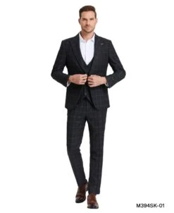 Tazio Men's 3 Piece Skinny Fit Suit - Sharp Windowpane
