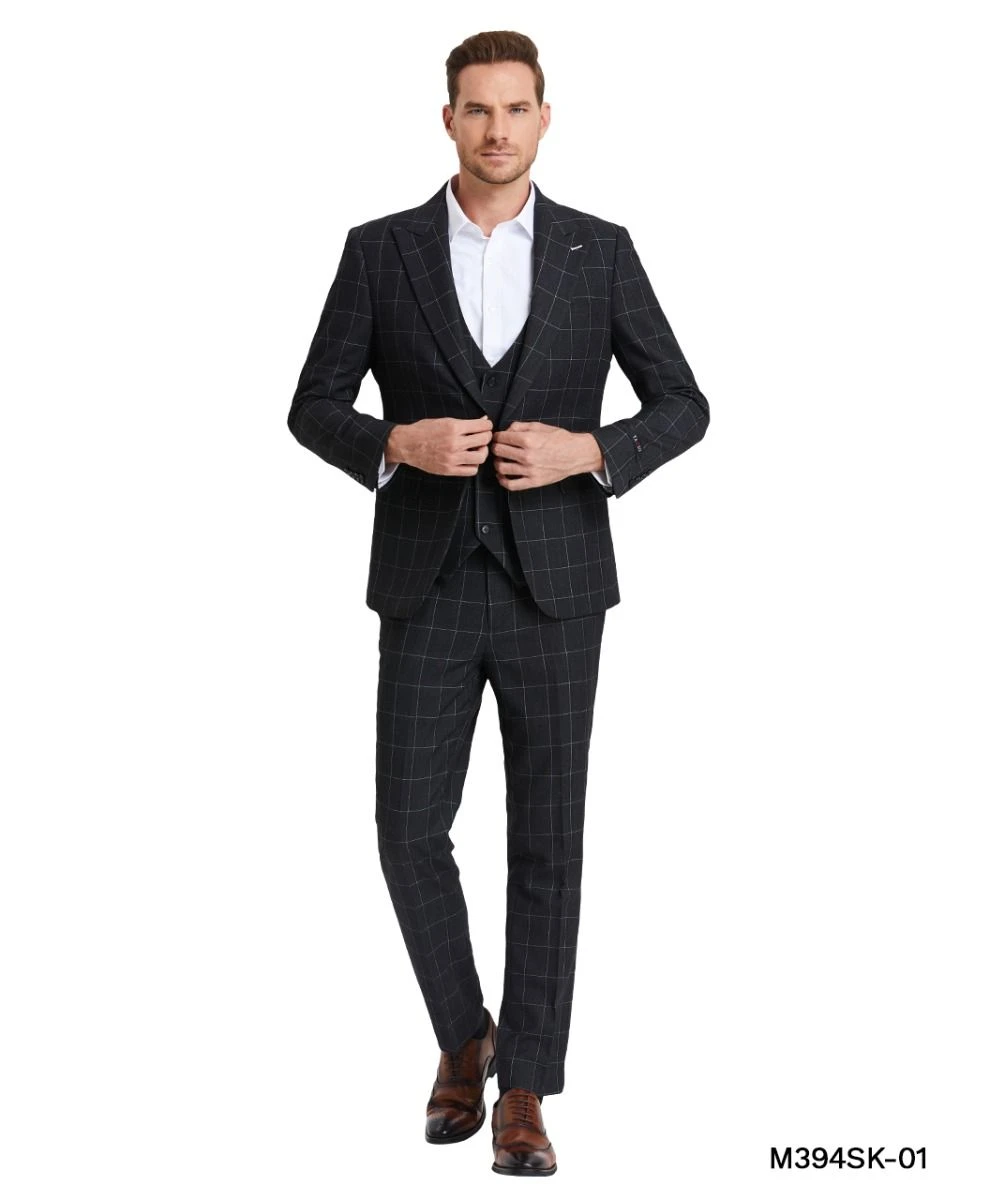 Tazio Men's 3 Piece Skinny Fit Suit - Sharp Windowpane 3 Tazio Men's 3 Piece Skinny Fit Suit - Sharp Windowpane