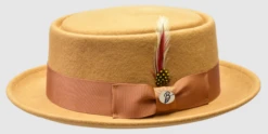 Bruno Capelo Men's Porkpie Style Wool Hat - Bold Ribbon -Stylish Men's Formal Wear maddox camel