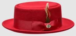 Bruno Capelo Men's Porkpie Style Wool Hat - Bold Ribbon -Stylish Men's Formal Wear maddox red