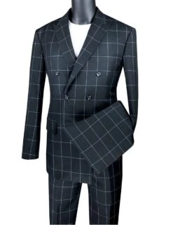 Vinci Men's 2 Piece Modern Fit Suit - Windowpane -Stylish Men's Formal Wear mdw 1 black 2 opt