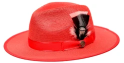 Bruno Capelo Men's Fedora Style Straw Hat - Flat Brim Hat -Stylish Men's Formal Wear michaelangelo red