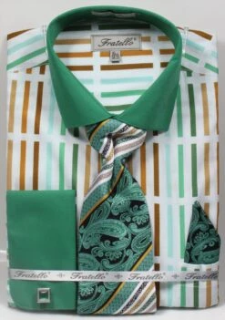 Fratello Men's French Cuff Dress Shirt Set - Multicolor Stripe -Stylish Men's Formal Wear mint 4133