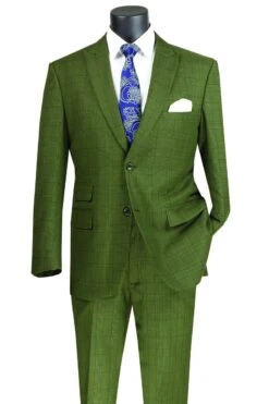 Vinci Men's 2 Piece Modern Fit Suit - Light Windowpane -Stylish Men's Formal Wear mrw 1 olive web