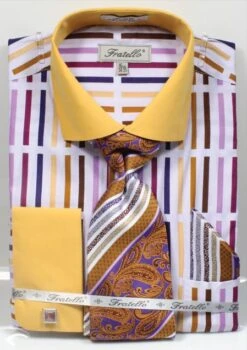 Fratello Men's French Cuff Dress Shirt Set - Multicolor Stripe -Stylish Men's Formal Wear mustard 4133
