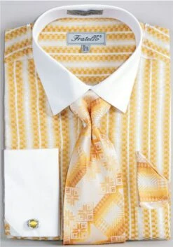 Fratello Men's French Cuff Dress Shirt Set - Jacquard Two Tone -Stylish Men's Formal Wear mustard 1 6