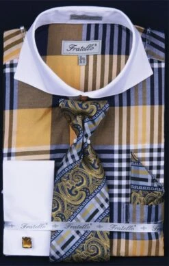 Fratello Men's French Cuff Dress Shirt Set - Colorful Multi Checker -Stylish Men's Formal Wear mustard 3 1