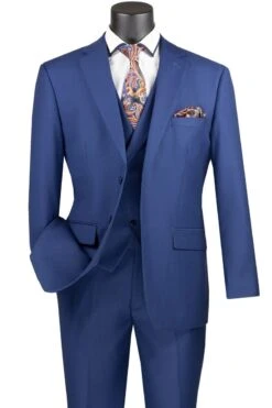Vinci Men's 3 Piece Modern Fit Suit - Bold Solid Colors -Stylish Men's Formal Wear mv2tr blue