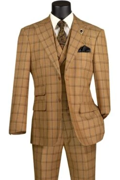 Vinci Men's 3 Piece Modern Fit Suit - Bold Windowpane -Stylish Men's Formal Wear mv2w 2 camel
