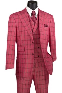 Vinci Men's 3 Piece Modern Fit Suit - Bold Windowpane -Stylish Men's Formal Wear mv2w 2 raspberry
