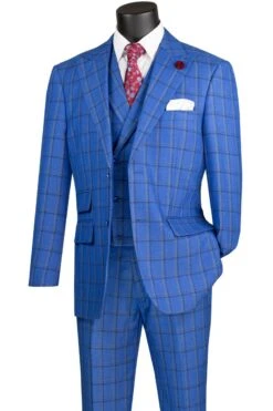 Vinci Men's 3 Piece Modern Fit Suit - Bold Windowpane -Stylish Men's Formal Wear mv2w 2 royal
