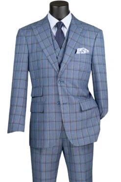 Vinci Men's 3 Piece Modern Fit Suit - Bold Windowpane -Stylish Men's Formal Wear mv2w 2 slate