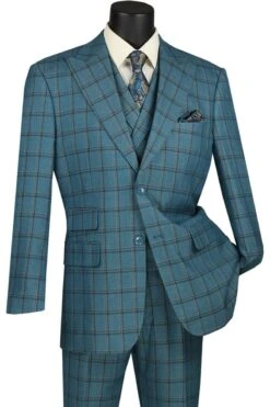 Vinci Men's 3 Piece Modern Fit Suit - Bold Windowpane -Stylish Men's Formal Wear mv2w 2 teal blue jpg 800x1200 1