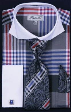 Fratello Men's French Cuff Dress Shirt Set - Colorful Multi Checker -Stylish Men's Formal Wear navy 5 1