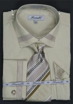 Fratello Men's French Cuff Dress Shirt Set - Houndstooth Patch -Stylish Men's Formal Wear olive 28