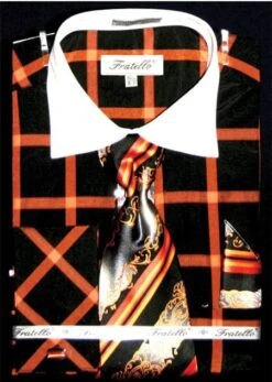 Fratello Men's French Cuff Dress Shirt Set - Dramatic Windowpane -Stylish Men's Formal Wear orange 9 1