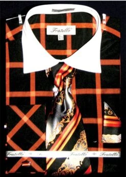 Fratello Men's French Cuff Dress Shirt Set - Dramatic Windowpane -Stylish Men's Formal Wear orange 9