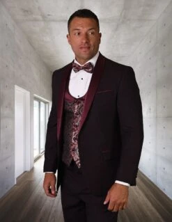 Statement Men's 3 Piece Wool Tuxedo - Fashion Vest -Stylish Men's Formal Wear palmero burgundy