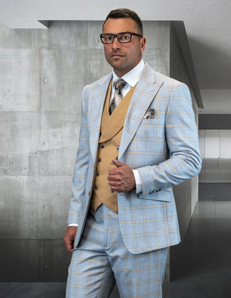 Statement Men's 100% Wool 3 Piece Suit - Stylish Windowpane 3 Statement Men's 100% Wool 3 Piece Suit - Stylish Windowpane