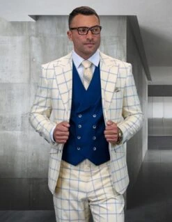 Statement Men's 100% Wool 3 Piece Suit - Stylish Windowpane 9 Statement Men's 100% Wool 3 Piece Suit - Stylish Windowpane -Stylish Men's Formal Wear phily offwhite