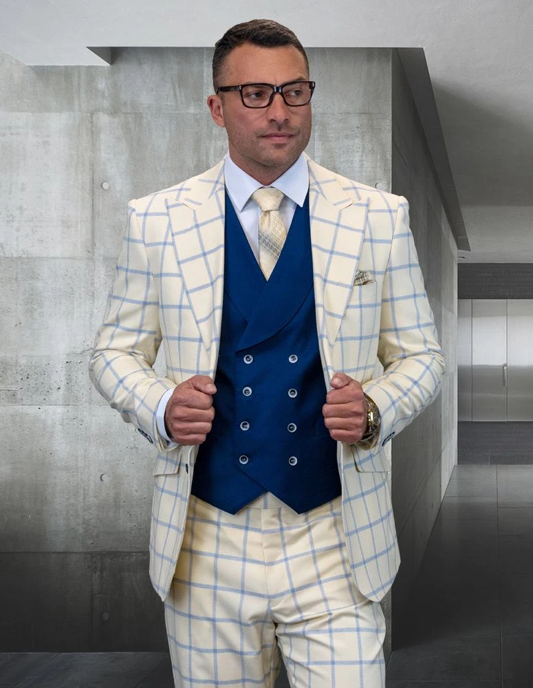 Statement Men's 100% Wool 3 Piece Suit - Stylish Windowpane 5 Statement Men's 100% Wool 3 Piece Suit - Stylish Windowpane - Image 3