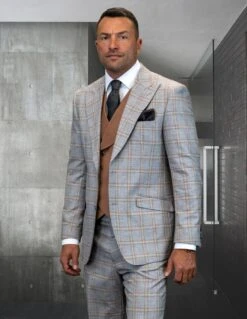 Statement Men's 100% Wool 3 Piece Suit - Stylish Windowpane 11 Statement Men's 100% Wool 3 Piece Suit - Stylish Windowpane -Stylish Men's Formal Wear phily tan