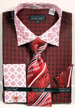 Avanti Uomo Men's French Cuff Dress Shirt Set - Varied Patterns -Stylish Men's Formal Wear red 5 3