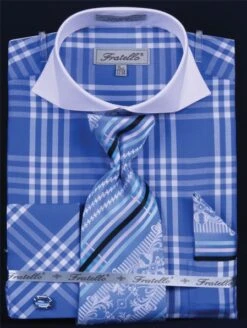 Fratello Men's French Cuff Dress Shirt Set - Deep Checker -Stylish Men's Formal Wear royal 1 1