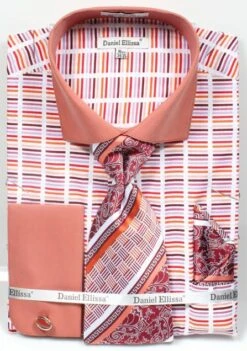 Daniel Ellissa Men's French Cuff Dress Shirt Set - Multicolor Stripe -Stylish Men's Formal Wear rust 3783