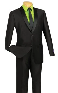 Vinci Men's 2 Pc Sharkskin Slim Fit Suit - Trimmed Shawl Collar -Stylish Men's Formal Wear s2ps 1 black