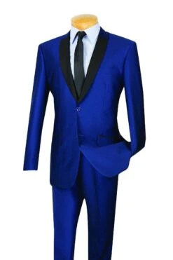 Vinci Men's 2 Pc Sharkskin Slim Fit Suit - Trimmed Shawl Collar -Stylish Men's Formal Wear s2ps 1 blue
