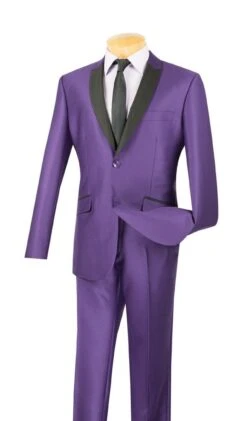 Vinci Men's 2 Pc Sharkskin Slim Fit Suit - Trimmed Shawl Collar -Stylish Men's Formal Wear s2ps 1 purple en