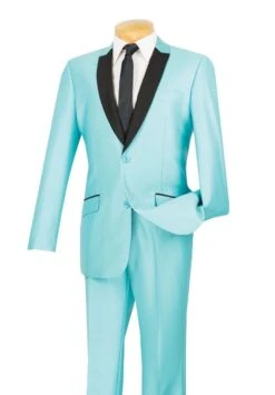 Vinci Men's 2 Pc Sharkskin Slim Fit Suit - Trimmed Shawl Collar -Stylish Men's Formal Wear s2ps 1 turquoise
