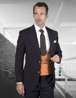 Statement Men's 100% Wool 3 Piece Suit - Deep U Vest -Stylish Men's Formal Wear sandria navy