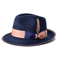 Steven Land Men's 100% Wool Fedora Hat - Accented Trim -Stylish Men's Formal Wear savnavy