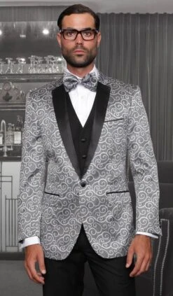 Statement Men's 3 Piece Modern Fit Suit - Studded Swirl Design 14 Statement Men's 3 Piece Modern Fit Suit - Studded Swirl Design -Stylish Men's Formal Wear silver 1 2