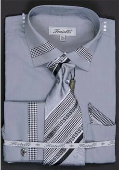 Fratello Men's French Cuff Dress Shirt Set - Houndstooth Patch -Stylish Men's Formal Wear silver 9 1