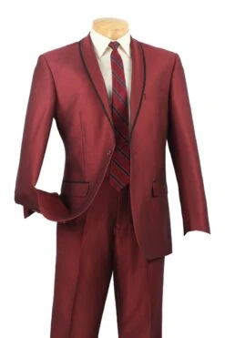 Vinci Men's Sharkskin Slim Fit Suit - Trimmed Shawl Lapel -Stylish Men's Formal Wear ssh 1 maroon