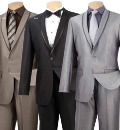 Vinci Men's Sharkskin Slim Fit Suit - Trimmed Shawl Lapel