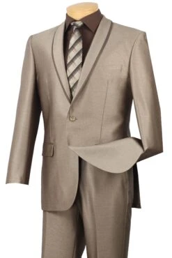 Vinci Men's Sharkskin Slim Fit Suit - Trimmed Shawl Lapel -Stylish Men's Formal Wear ssh1 beige 1