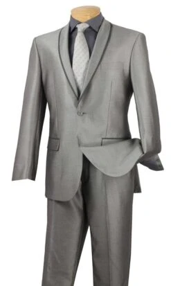 Vinci Men's Sharkskin Slim Fit Suit - Trimmed Shawl Lapel -Stylish Men's Formal Wear ssh1 gray 1 opt 2